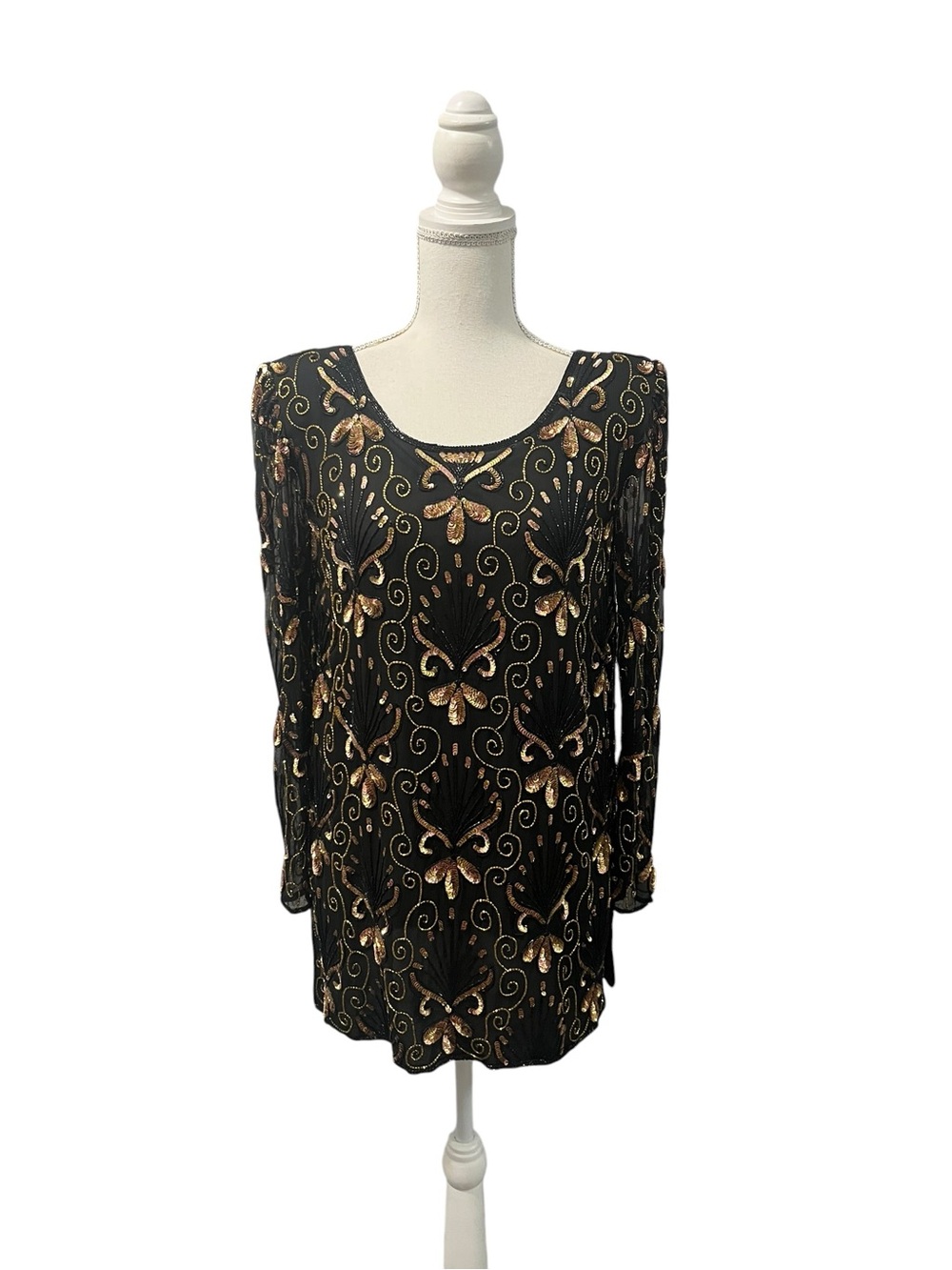 Stenay Vintage 80s Beaded Sequined Blouse 100% Silk Chiffon Sleeves S Party